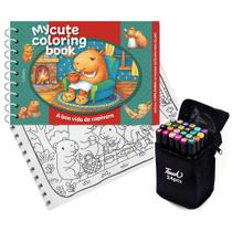 Livro De Colorir Coleção My Cute Coloring Book Capa Dura Espiral Folha Acetato + Bolsa Com 24 Canetinhas
