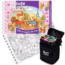 Livro De Colorir Coleção My Cute Coloring Book Capa Dura Espiral Folha Acetato + Bolsa Com 24 Canetinhas
