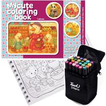 Livro De Colorir Coleção My Cute Coloring Book Capa Dura Espiral Folha Acetato + Bolsa Com 24 Canetinhas
