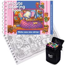 Livro De Colorir Coleção My Cute Coloring Book Capa Dura Espiral Folha Acetato + Bolsa Com 24 Canetinhas
