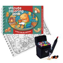 Livro De Colorir Coleção My Cute Coloring Book Capa Dura Espiral Folha Acetato + Bolsa Com 48 Canetinhas