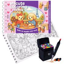 Livro De Colorir Coleção My Cute Coloring Book Capa Dura Espiral Folha Acetato + Bolsa Com 48 Canetinhas