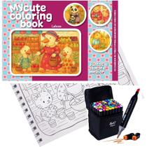 Livro De Colorir Coleção My Cute Coloring Book Capa Dura Espiral Folha Acetato + Bolsa Com 48 Canetinhas