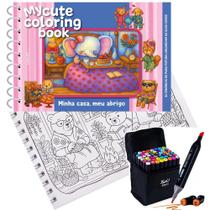 Livro De Colorir Coleção My Cute Coloring Book Capa Dura Espiral Folha Acetato + Bolsa Com 48 Canetinhas
