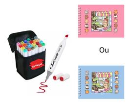 Livro De Colorir Com Canetinha 36 Cores Ponta Dupla Kit 1 Livro Desenhos Variados Azul Ou Rosa