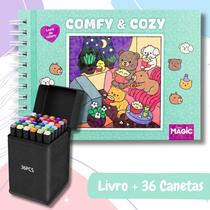 Livro de Colorir Cozy Friends 48 Folhas Capa Dura Holográfica + Caneta Touch Ponta Dupla Marcadoras