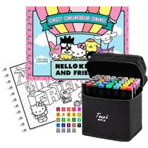Livro De Colorir Hello Kitty And Friends Cozy Coloring Book Capa Dura Acetato 150G 48 Canetinhas Marcadores Ponta Dupla