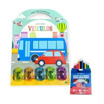 Livro De Colorir Infantil+ 5 mini carrinhos + Lápis de cor