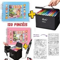 Livro de Colorir ORIGINAL Bobbie Goods Capa Dura ROSA COM 120 Canetinhas Touch Brush Ponta Dupla