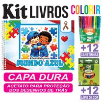 Livro de Colorir Pintar Autismo Mundo Azul Capa Dura com Acetato Canetinha e Lápis de Cor Infantil
