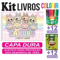 Livro de Colorir Pintar Labubu Menina Capa Dura com Acetato Canetinha e Lápis de Cor Infantil