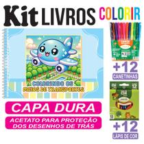 Livro de Colorir Pintar Meios de Transporte Capa Dura com Acetato Canetinha e Lápis de Cor Infantil