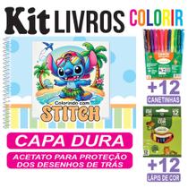 Livro de Colorir Pintar Stitch Infantil Capa Dura Kit Completo com Acetato Canetinha e Lápis de Cor