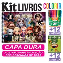 Livro de Colorir Pintar Vários Temas Capa Dura com Acetato Canetinha e Lápis de Cor Infantil