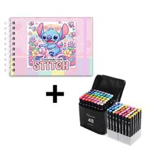 Livro De Colorir Stitch 50 Páginas 180g Capa Dura Relaxamento E Criatividade + Kit Canetinhas 48 Cores e Ponta Dupla