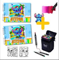 Livro De Colorir Stitch Capa Dura + Kit 24 Canetinhas