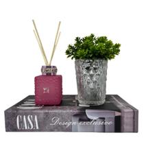 Livro decorativo Casa + vaso prata de vidro + difusor rosa