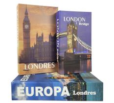 Livro Fake Decorativo Kit 3 Caixas Porta Objetos Conjunto Europa