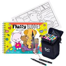 Livro Fluffy Buddies Para Colorir Com 48 Ilustrações Para Relaxar Tiktok Estilo Bobbie Goods + 24 Canetinhas Ponta Dupla