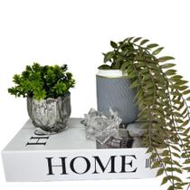 Livro Home + vaso artesanal + vaso de vidro + castiçal