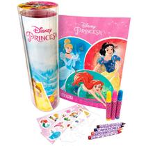 Livro Infantil Para Colorir Tubo Com Adesivo Giz e Canetinha Princesas - DISNEY
