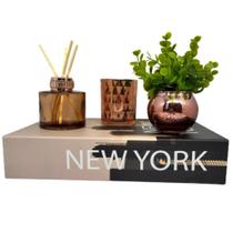 Livro New York + vaso rose + difusor marrom + castiçal vidro