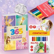 Livro para Colorir 365 Desenhos Princesas Disney Kit com Lápis de Cor Faber e Canetinhas Hidrográficas