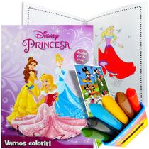 Livro para Colorir Princesas Disney + Adesivo + 6 Gizes de Cera