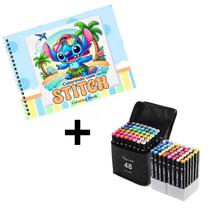 Livro Stitch de colorir estilo bobbie goods Capa Dura 180g Cor Azul + Kit De 48 Canetinhas Marca Texto Ponta Dupla