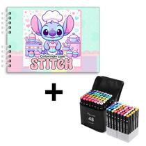 Livro Stitch de colorir estilo bobbie goods Capa Dura 180g Cor Verde + Kit De 48 Canetinhas Marca Texto Ponta Dupla