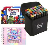 Livros De Colorir Pintar Stitch + Herois + Canetinhas 36 Cores - Touch