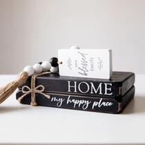 Livros decorativos GENMOUS Black Stacked Wood com borlas de miçangas Livros decorativos GENMOUS Black Stacked Wood com borlas de miçangas