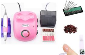 Lixadeira Pedal Motor Unha Nail Master 30000 + KIT 30 Brocas Rosa +03 Saquinhos de lixa