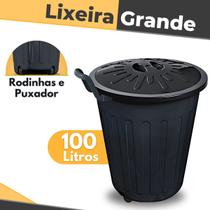 Lixeira 100 Litros Redonda Preta Com Tampa Rodas Puxador - Arqplast