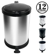 Lixeira 12 Litros em Metal Acionamento Pedal Preta Cor Inox e Branca Gold