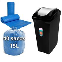 Lixeira 15L Tampa Basculante Preta + 40UN Saco de lixo Azul Lixeira 15L Tampa Basculante Preta + 40UN Saco de lixo Azul