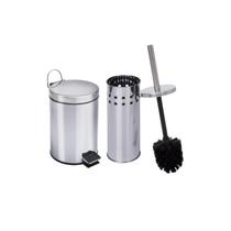 Lixeira 3 Litros Pedal + Escova Sanitária Inox Kit De Banheiro Lixo