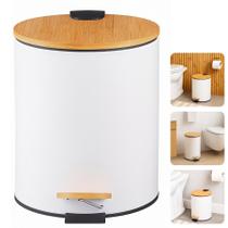 Lixeira 5 Litros Pedal Tampa Bambu Branca Redonda Banheiro Lavabo Cozinha