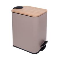 Lixeira 5L Retangular de Metal com Pedal e Tampa em Bambu Bege Lyor