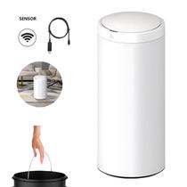 Lixeira Automática Branca Redonda Inox 50 Litros Com Sensor
