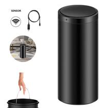 Lixeira Automática Preta Redonda Inox Capacidade para 50 Litros com Sensor de proximidade Cesto Removível Recarregável USB