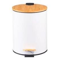 Lixeira C/Pedal 12l Tampa Bambu Cozinha Banheiro Branco