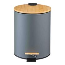 Lixeira C/Pedal 12l Tampa Bambu Cozinha Banheiro Cinza