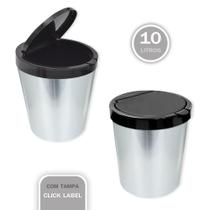 Lixeira Cesto 10 Litros Tampa Click Label Redonda Cor Prata Inox cozinha banheiro