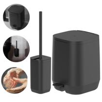 Lixeira Cesto de Lixo Para Banheiro 6L Com Pedal + Escova Sanitária Com Suporte Instalação Piso/Parede Linha Aura -Preto