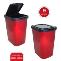 Lixeira Cesto Lixo 9 Litro C/Tampa Click Label Vermelha Inox - Arqplast