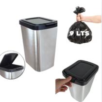 Lixeira Cesto Tipo Inox Com Tampa Click 9 Litros Label Retangular Plástico Prata Banheiro Pia Cozinh