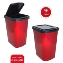 Lixeira Click Label Cesto Lixo 9 Litros Vermelha C/Tampa