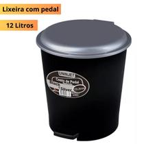 Lixeira Com Pedal Redonda Preta De Plástico 12 Litros Cesto De Lixo Cozinha Banheiro Escritório - Uninjet