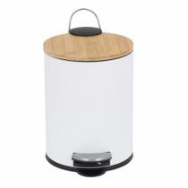Lixeira com Pedal Tampa de Bambu Branca 3L Mimo Style
